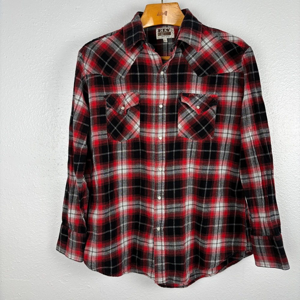 Ely Cattleman Men's L Red Plaid Pearl Snap Western Shirt Long‎ Sleeve
